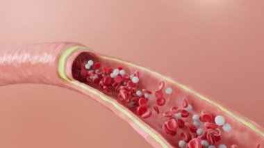 Kırmızı kan hücreleri atardamar, damar içinde akar. Sağlıklı arteriyel kesit kan akışı. Bilimsel ve tıbbi mikrobiyolojik kavram. Oksijen ve önemli besinlerle zenginleştirme, 3 boyutlu animasyon