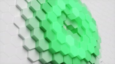 Altıgen duvarın yukarı ve aşağı dalgalar halinde hareket etmesi, yeşil kendi kendine ışıldayan altıgenler yaratır. Altıgenlerin soyut fütüristik geometrik yüzeyi. Altıgen desen. Kusursuz 3B Animasyon Döngüsü