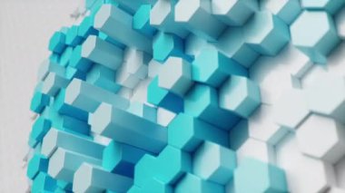 Soyut beyaz-mavi fütüristik altıgen yüzey deseni, dengeli bir bal peteği. Altıgen duvar dalgalar halinde hareket ediyor. Altıgen desenli soyut fütüristik yüzey. Döngüsüz 3D Canlandırma