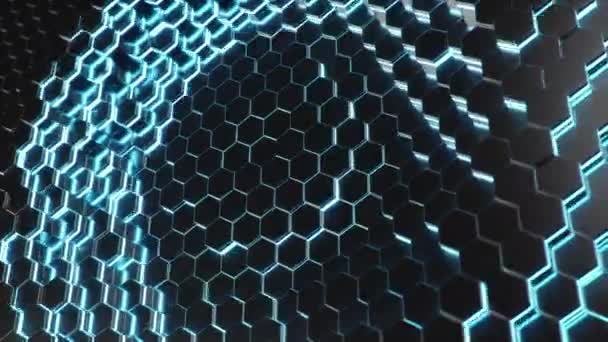 Абстрактный голубой футуристический рисунок поверхности шестиугольников, соты с эффектом смещения. Синий абстрактный светящийся научно-фантастический фон. Шестиугольная стена движется волнами с неоновым эффектом. Цикл плавной 3D анимации — стоковое видео