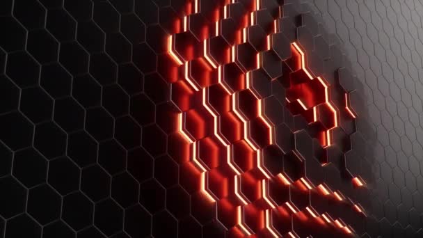 Movimiento de animación de hexágonos rojos con movimientos de onda, panal con efecto offset. Fondo de ciencia ficción brillante de neón abstracto rojo. La pared hexagonal se mueve en ondas. Looping animación en 3D sin costura — Vídeos de Stock