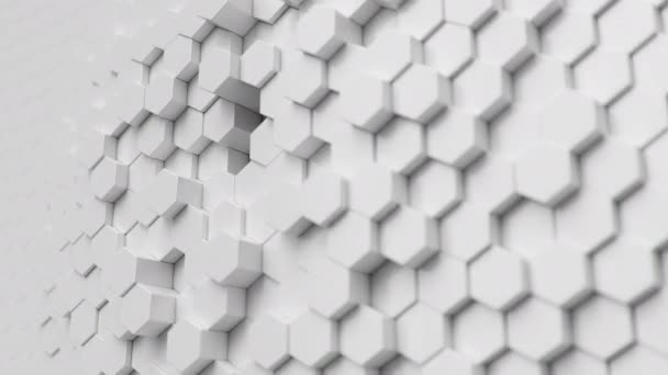 Movimiento de animación de hexágonos blancos con movimientos de onda, panal con efecto offset. Fondo blanco abstracto de ciencia ficción. La pared hexagonal se mueve en ondas. Looping animación en 3D sin costura — Vídeos de Stock