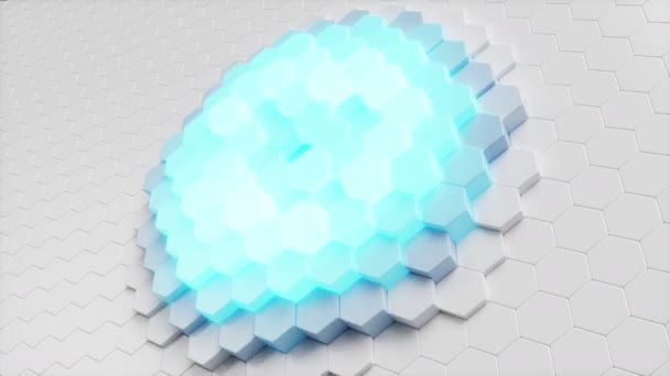 Rörelse av en vägg av hexagoner i vågor upp och ner, vilket skapar blå självlysande hexagoner. Abstrakt futuristisk geometrisk yta av hexagoner. Hexagonalt mönster. Sömlös 3D-animering — Stockvideo