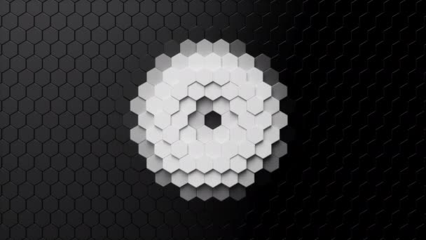 Animation Aussehen und Verschwinden der weißen geometrischen sechseckigen. Bienenwaben mit Flächenpolygon. Abstrakte schwarze Sechsecke. Futuristische abstrakte Hintergründe. Nahtlose 3D-Animation — Stockvideo