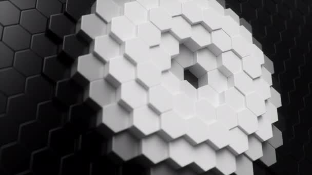 Animering utseende och försvinnande av vit geometrisk hexagonal. Ytan polygon mönster bikaka. Abstrakta svarta hexagoner. Futuristisk abstrakt bakgrund. Sömlös 3D-animering — Stockvideo