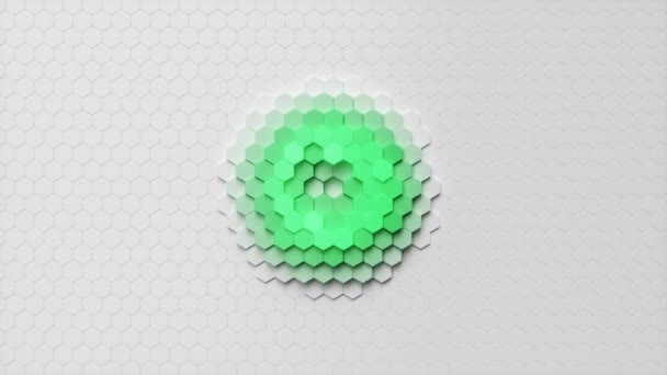 Κίνηση ενός τοίχου από εξάγωνα σε κύματα πάνω και κάτω, το οποίο δημιουργεί πράσινα αυτο-φωτεινά εξάγωνα. Αφηρημένη φουτουριστική γεωμετρική επιφάνεια εξάγωνων. Εξαγωνικό μοτίβο. Looping Seamless 3D Animation — Αρχείο Βίντεο