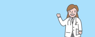 bir kadın doktor karakter tavsiye boş afiş illüstrasyon vektör üzerinde mavi arka plan ile. Diş kavramı.