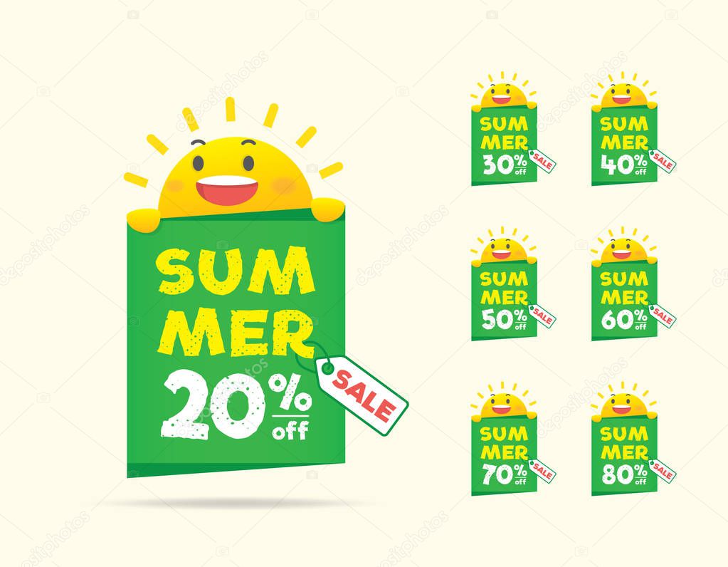 Summer Sale sun character on the tag heading design for banner or poster. Sale and Discounts Concept. Vector illustration.