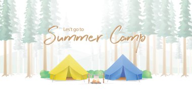 Yaz Kampı posteri veya başlığı sarı ve mavi kamp orman illüstrasyon vektör içinde orta. Kamp kavramı.
