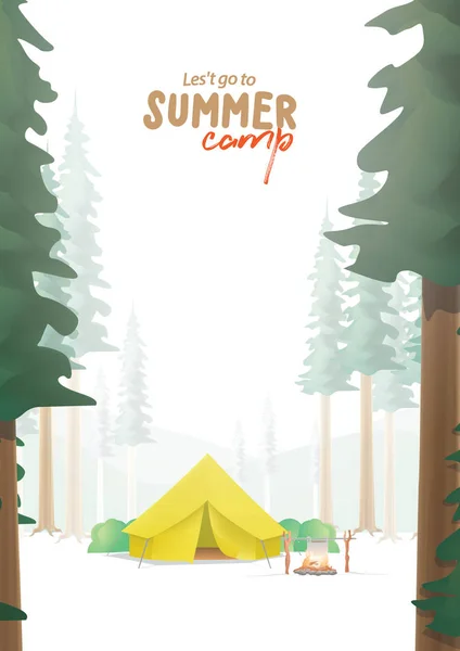 Summer Camp Poster Bahwa Kamp Kuning Berada Tengah Dalam Gambar - Stok Vektor