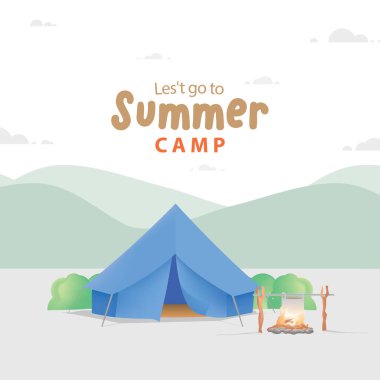 Summer Camp with the blue camp and campfire illustration vector. Camping concept. clipart