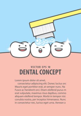 Düzen diş karakter mavi arka plan üzerinde diş illüstrasyon vektör fırçalama için çok mutlu. Diş kavramı.
