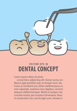 Düzen diş karakter renksiz diş illüstrasyon vektör üzerinde mavi arka plan üzerinde yeni kaplama koymak için çok mutlu. Diş kavramı.