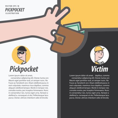 Yankesici bir adamın cep Infographic düzen illüstrasyon vektör üzerinden para çalıntı. Suç kavramı.