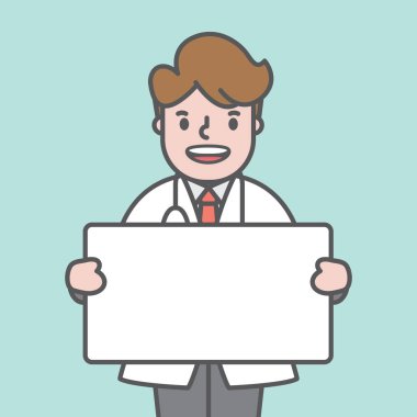 Doktor karakteri ve metin kutusunu kurulu illüstrasyon vektör yeşil zemin üzerine. Tıp kavramı.