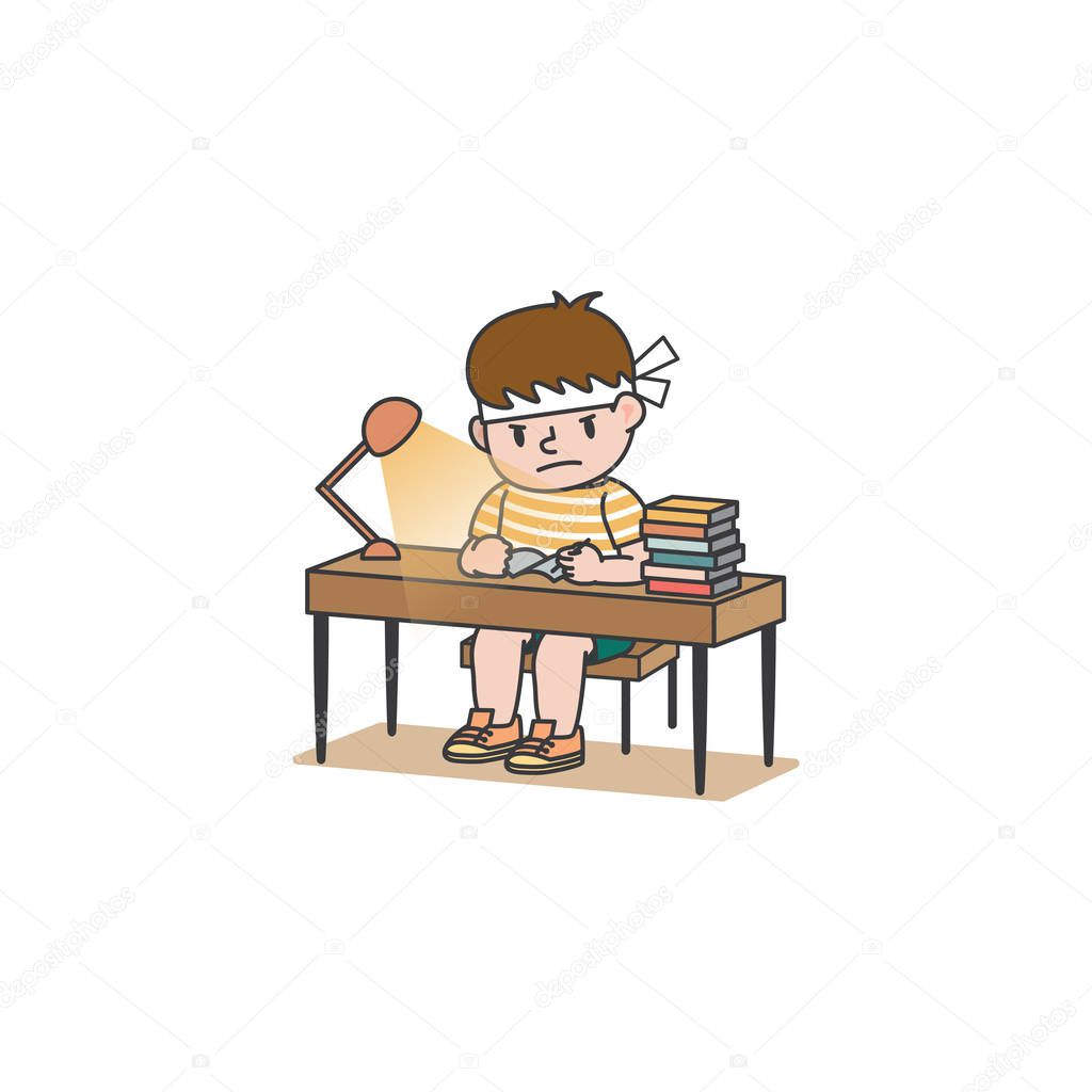 The student boy has studied hard and seriously and pile books an