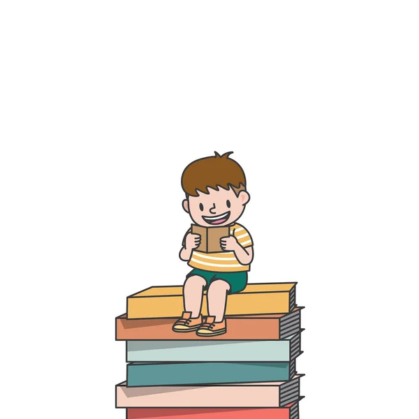 The student boy is sitting on the stack books while he is readin — Stock Vector