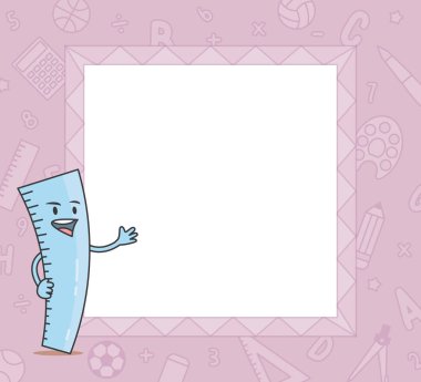 Cetvel karakter maskotu il ile karikatür mor metin kutusu çerçevesi