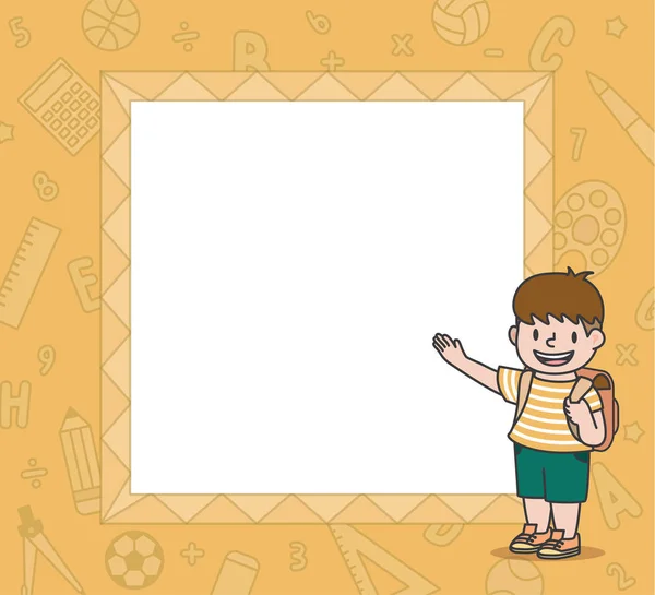 The cartoon yellow text box frame with boy character mascot illu — Stock Vector