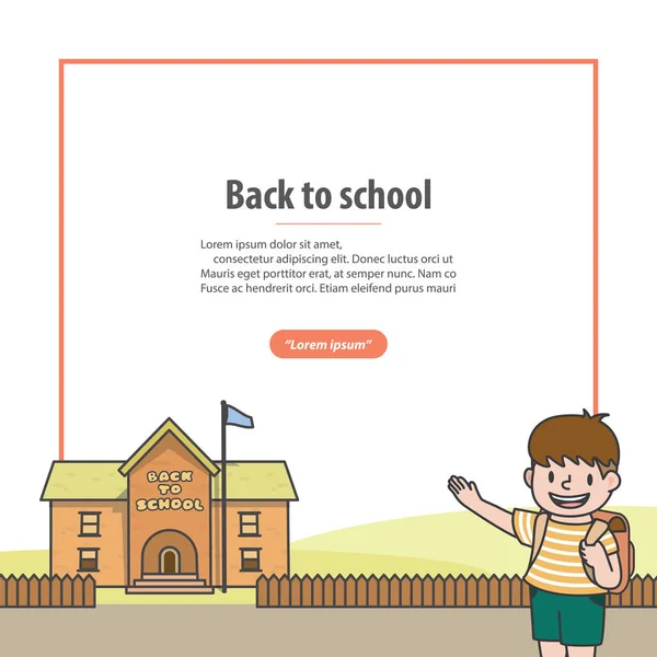 Banner a vissza az iskolába keret egy iskola és egy fiú Illustra — Stock Vector