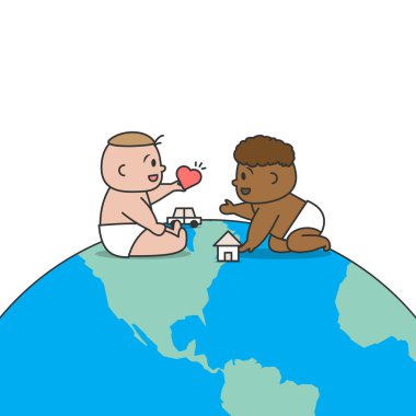 Beyaz ve siyah bebek, beyaz arka planda dünya resimli çizim vektör tasarımında masumiyet ve aşkla birlikte oynarlar. Irkçılık kavramı.