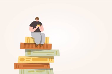 Oturup kitap yığını, resimli çizgi film vektörü üzerine kitap okuyan bir adam.