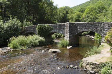 Fingle nehir Teign dibinde Teign Gorge Dartmoor Milli Parkı, devon, İngiltere'de İngiltere'de kapsayan Köprüsü