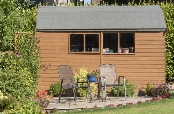 Dutch Style Wooden Garden Shed Patio Two Chairs — Stock Photo, Image