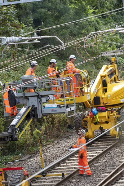 Newbury Station Berkshire Royaume Uni Ingénieurs Travaillant Sur Électrification Ligne — Photo