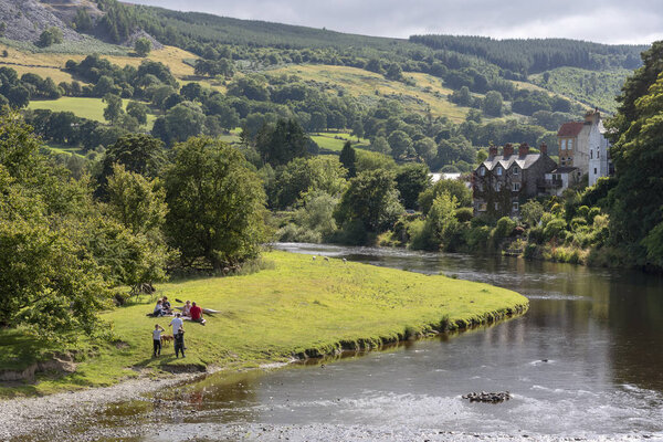 The River Dee at Carrog, Denbighshire, North Wales, Scenic location on the riverside looking southern farmland.
