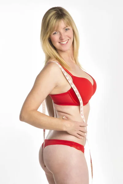 Woman Wearing Red Underwear Hands Hips Tape Measure Opositioned Shoulder — Stock Photo, Image