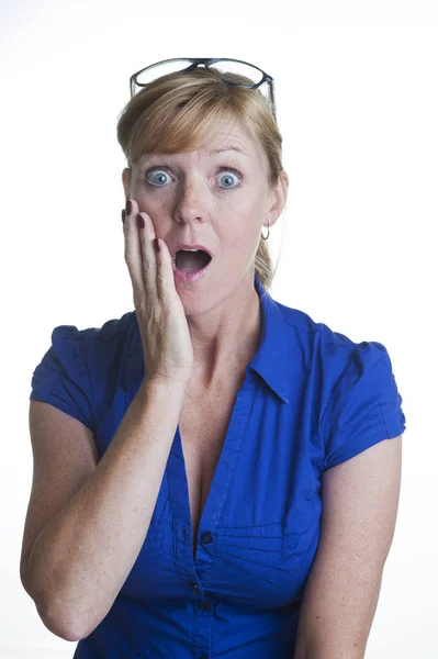 Portrait Woman Blue Shirt Surprised Expression Stock Picture