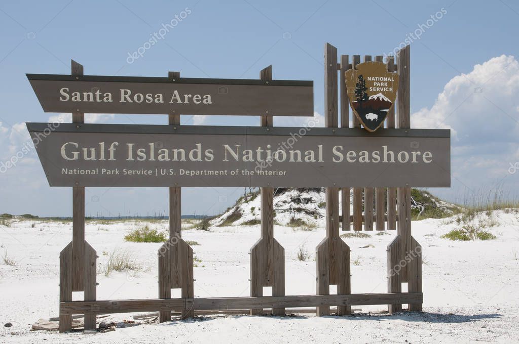 Gulf Islands National Seashore sign Pensacola Beach in the Santa Rosa region. Florida USA