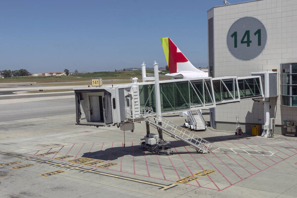 Jetway equipment used for passengers boarding and alighting aircraft.