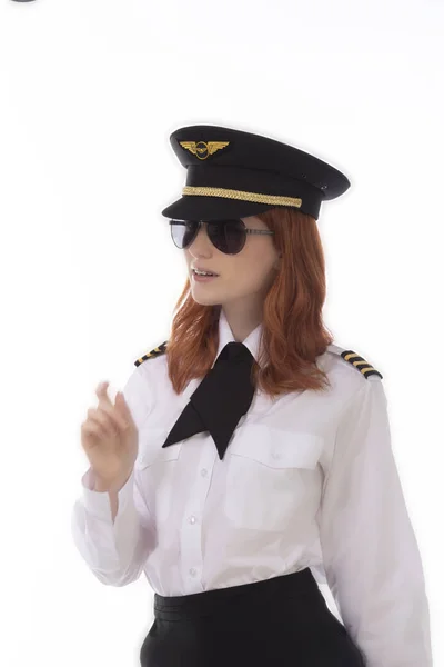 Young Female Pilot Red Hair Standing Airline Uniform Including Hat — Stock Photo, Image