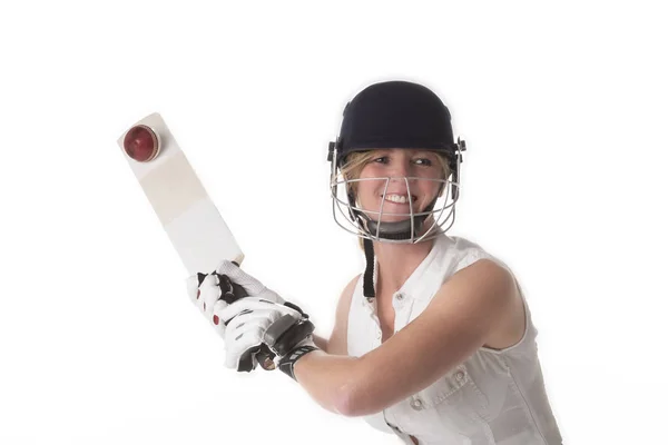 Mujer Jugador Críquet Vestido Blanco Con Casco Seguridad Espinilleras Bate —  Fotos de Stock