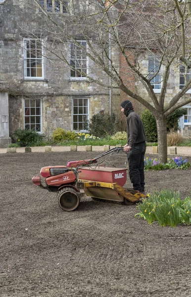 ウィンチェ スター ハンプシャー イギリス 2019 新しい芝生を形成する造園家種子散布とローラーに乗って — ストック写真