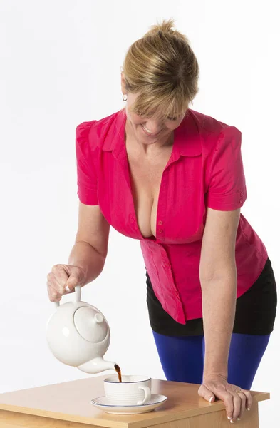 Southern England Circa 2018 Attractive Woman Wearing Revealing Red Shirt — Stock Photo, Image