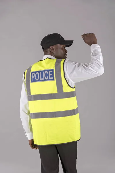 Rear View Police Officer Reflective Jacket Large Police Logo Right — 스톡 사진