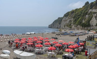 Seaton yakınlarında bira, Devon, İngiltere, İngiltere. Haziran 2019. Doğu Devon'daki Jurassic Sahili'ndeki bira plajı. Beyaz tebeşir kayalıkları ile Bira plaj.