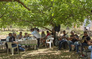 Girit, Yunanistan. Haziran 2019. Giritliler ve konukları Girit müziğinin ve öğle yemeğinin tadını çıkarıyor zeytin ağaçlarının gölgesinde.