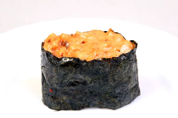 Sushi Especias Con Salmón Ahumado Algas Nori Comida Japonesa Plato — Foto de Stock