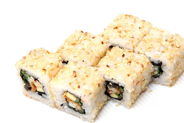 Roll California Sezamie Sushi Kraba Węgorz Ogórek Japoński Żywności Danie — Zdjęcie stockowe