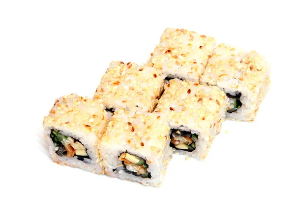 Ρολό Καλιφόρνια Σουσάμι Sushi Καβούρια Χέλι Αγγούρι Ιαπωνικά Τροφίμων Ένα — Φωτογραφία Αρχείου