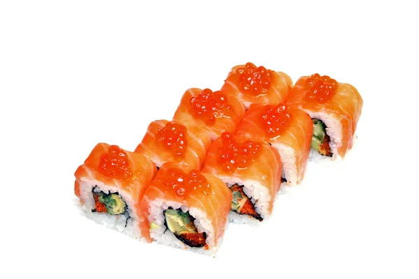 Rotolo Con Caviale Salmone Sushi Con Caviale Pesce Volante Cibo — Foto Stock