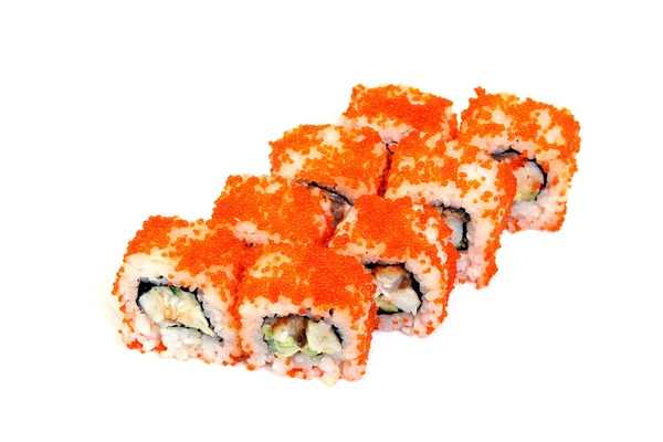 用虾卷 用鳄梨卷加利福尼亚 日本料理 健康的食物很好地放在盘子上 — 图库照片