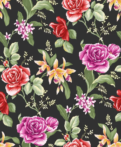 无缝的花卉图案与玫瑰在黑色背景 服装设计 创意的背景 时尚纺织 — 图库照片