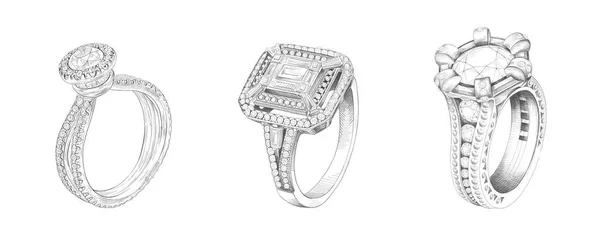 リングの手描きのスケッチ ジュエリー生産のスケッチ 白地では 婚約ダイヤモンド結婚指輪グループを分離します — ストック写真