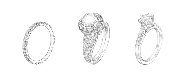 Grupo Noivado Anel Casamento Diamante Branco Isolar Desenho Feito Mão — Fotografia de Stock
