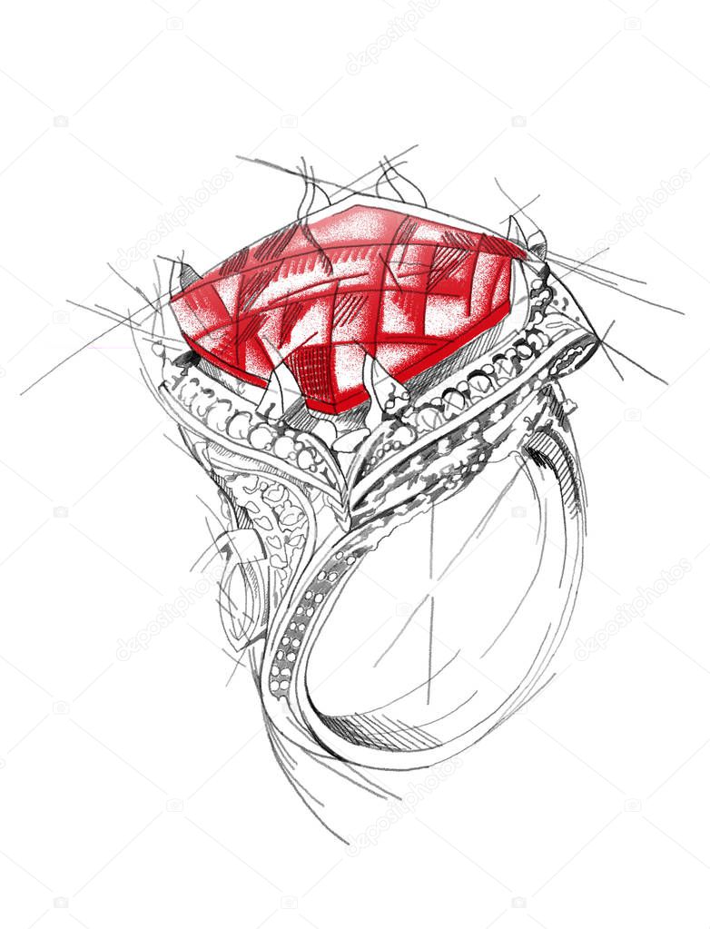Pencil drawing of a ring with a red gem on a white background. Isolated sketch. Wedding decoration illustration. Jewelry theme. Jewelry business. Advertising poster or background to advertise jewelry.